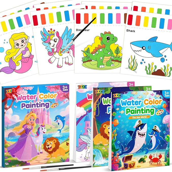 ZIZZ Paint with Water Coloring Books for Toddlers, 3PCS Watercolor Painting Set for Kids Ages 3-8, No-Mess Drawing Art Craft Toy Birthday Valentine's Day Gifts for Girls Boys - Princess, Forest, Sea