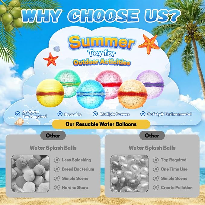 Reusable Water Balloons, Self-Sealing Refillable Magnetic Water Balls, Pool Beach Water Toys for Boys and Girls, Outdoor Summer Toys for Kids Ages 3+ (24 PCS)