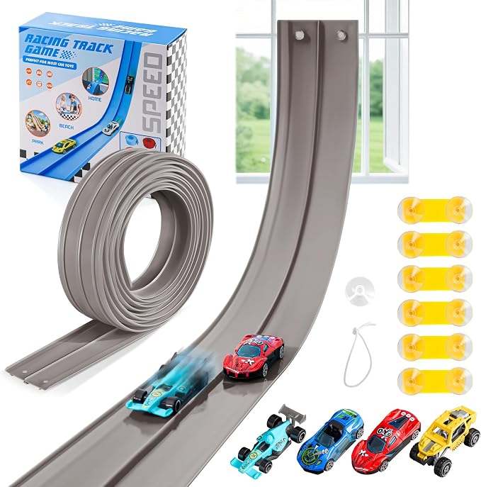 Flexible Race Track for Kids - 15 Ft Flex Track Race Car Tracks with Car Ramp Toy, Fit for Monster Truck Track & Kids' Play Cars, Race Tracks for Toddlers 3+, Gifts for Boys Girls (Gray)