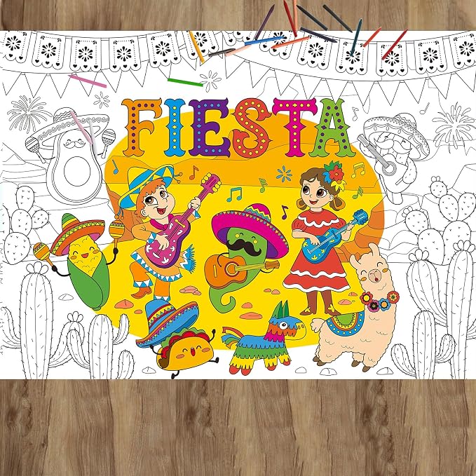 ZOIIWA Large Mexican Fiesta Coloring Poster Giant Coloring Sheet Page De Mayo Tablecloth Big Taco Jumbo Books for Craft Activity Game Home Birthday Party Decorations Supplies Favor 31.4 x 43.3 Inch