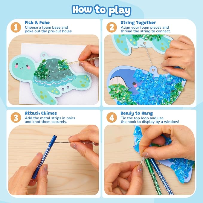 JoyCat Poke-in Wind Chime Craft Kit for Kids, 3D Sea Creature DIY Set with Audible Wind Chime Pieces, 6 EVA Ocean Figures, Mess-Free Creative Activity, Arts and Crafts & Birthday Gift for Kids Age 3+