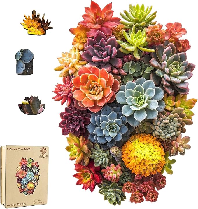 Delobi Succulent Waterfall Wooden Puzzles, 500 Pieces Jigsaw Puzzles 18.5'' x13.1'', Unique Design Wooden Puzzles for Adults and Kids, Family Game Gift Royal Size