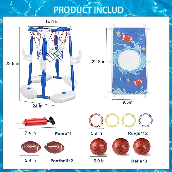 Pool Basketball Hoop, 3-in-1 Floating Basketball Hoop & Football Ring Games with 5 Balls 12 Rings and Pump, Outdoor Family Party Water Swimming Pool Basketball Toys for Kids Ages 4-8 8-12