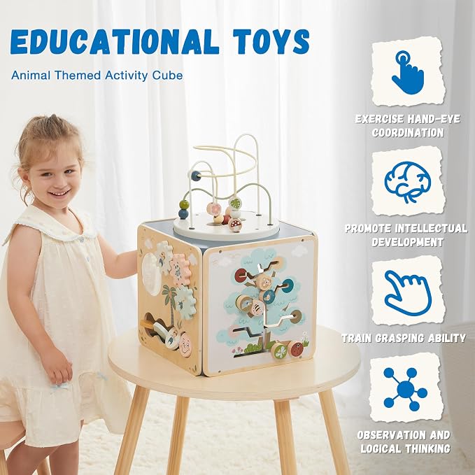 FReniland Wooden Montessori Activity Cube for Toddlers 1-3, 7-in-1 Baby Activity Center with Bead Maze, Shape Sorter, Number Gears & Discovery Mirror, Fine Motor Educational Toy for Boys & Girls