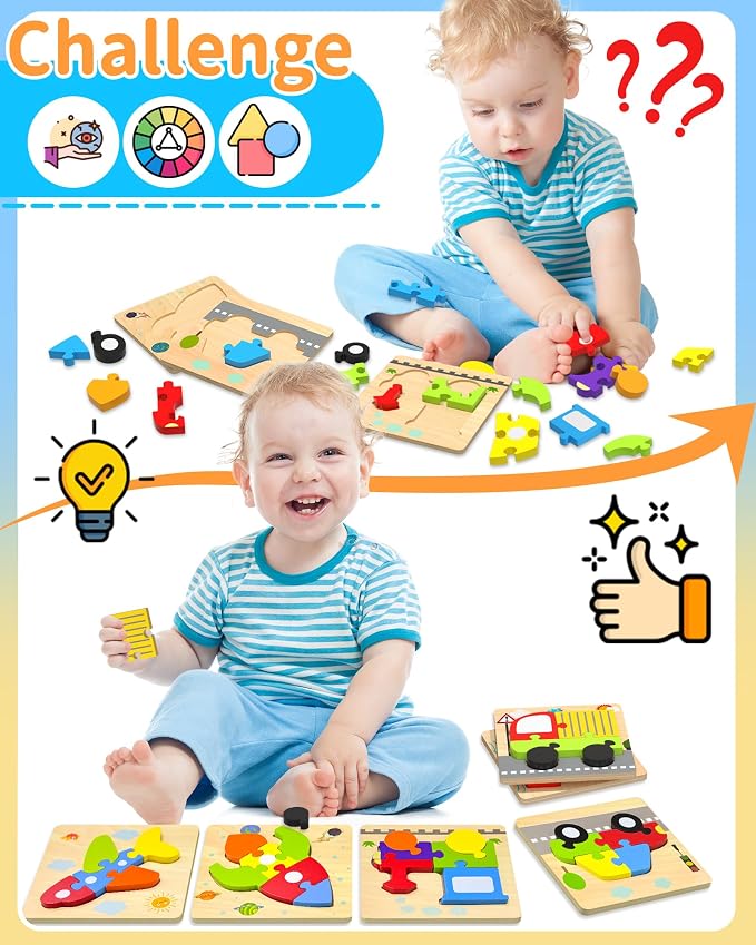 Wooden Puzzles Toddler Toys for 1 2 3 Years Old Boys Girls, 6 Vehicle Shape Learning Educational Blocks Birthday Gifts Sensory Toy Montessori Toys Age 1-3, 2-4