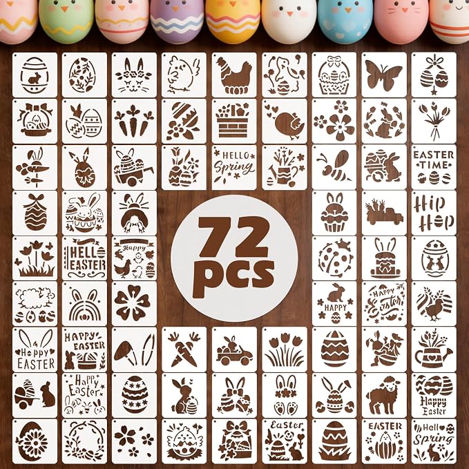72 PCS 3x3 Inch Easter Stencils for Painting - Reusable Easter Templates Chicks Eggs Bunny Farm Spring Painting Templates on Wood, Glass, Fabric, Window Door Decor DIY Decoration