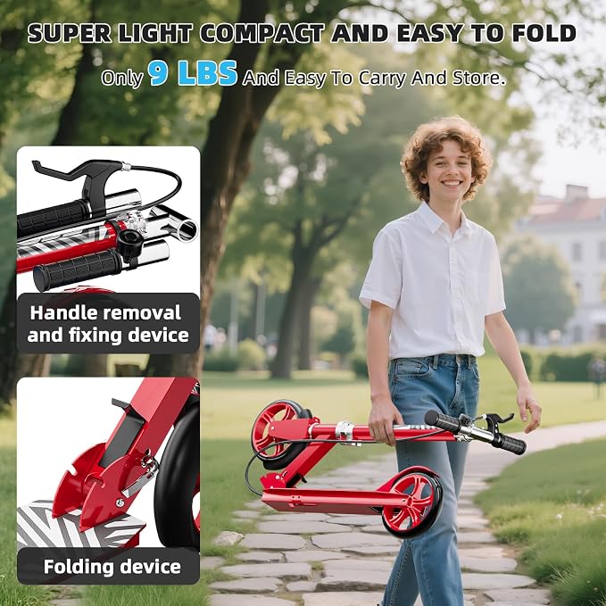 Scooters for Kids 8-12, Teens & Adults - Lightweight, Foldable, 8-Inch Big Wheels, Hand Brake & Bell, 4 Adjustable Height Levels, 240 lbs Max Load, Perfect for School, Campus and Park Rides