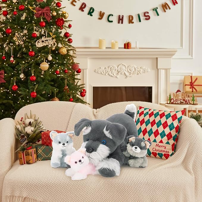 MorisMos Plush Schnauzer Dog Stuffed Animal with Babies, 20'' Big Mommy Dog with 3 Baby Puppy Toys for Kids, Xmax Stuffed Schnauzer Dog Toys for Girl Boy, Lifelike Dog Gifts for Christmas Birthday