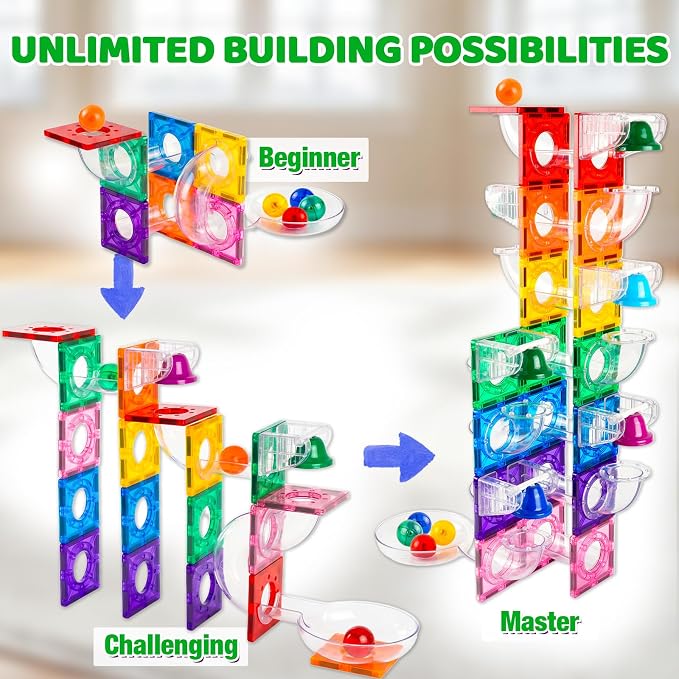 Bmag Magnetic Marble Run Set with Happy Birthday Bell, 73 Pcs STEM Educational Magnetic Marble Maze Toy for Kids 3+, Creative Building Track Game, Birthday Gift for Boys & Girls