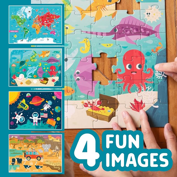 Chuckle & Roar Jigsaw Puzzle Set - 4 Pack, 48, 72 & 100 Pieces, Ages 3+ - Space, Ocean, Safari & World Map Scenes - Color Coded Backs & Storage Bags - Learning Toys for Preschool