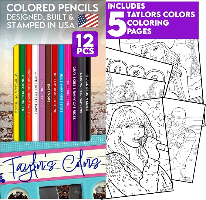 Swiftly Colored Pencils - 12 Foil-Stamped Lyric-Themed Colored Pencils + 5 Coloring Pages, Soft Core Color Pencil Set & Creative Gift for Music Lovers, Pop Culture Fans & Coloring Books
