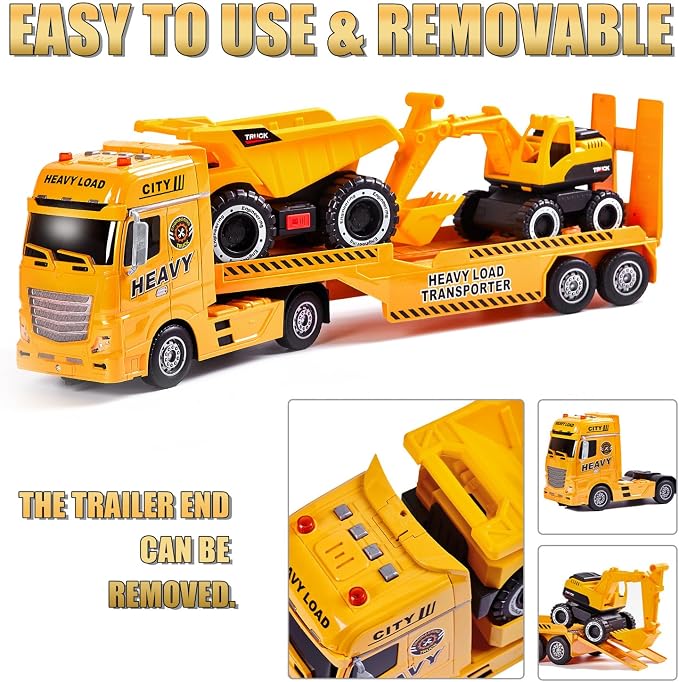 4-in-1 Construction Carrier Truck Toys for Kids | Semi Toy Car Kids Toy with Excavator and Dump Truck, Great Gift for Age 3+ Years Old Boys Girls