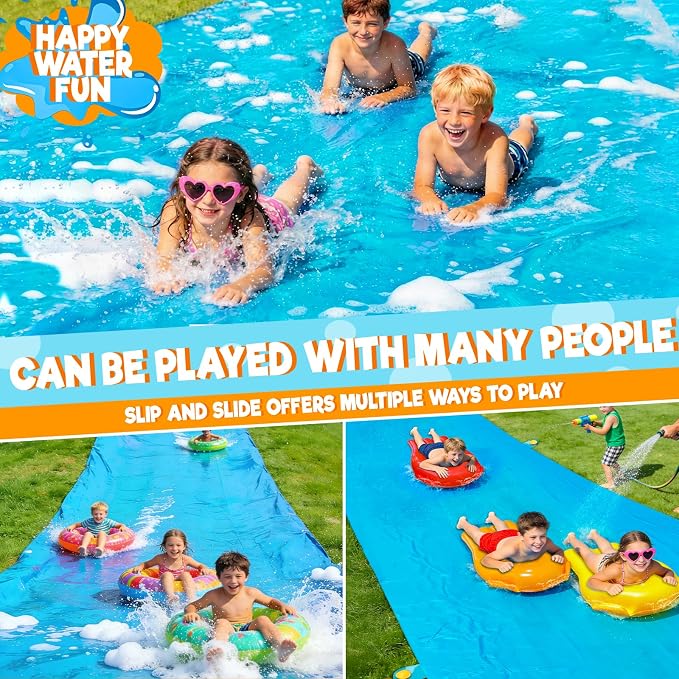 40 FT X 7FT Extra Long n Width Slip Water Slide, Heavy Duty Lawn Water Slides and 3 Bodyboards 6 Stakes, Summer Outdoor Water Toys for Kids Teens and Adults Backyard Beach Swimming Pool Party