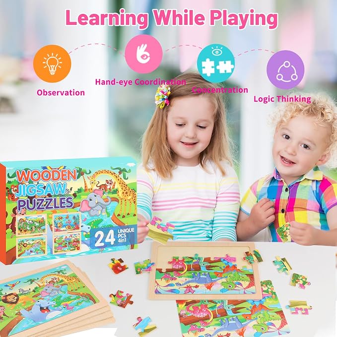 4-Pack Wooden Puzzles for Kids Ages 4-6, 24 Piece Animal Dinosaur Marine Farm Jigsaw Puzzles, Preschool Toddlers Learning Activity Puzzles Toys for Boys Girls 3 4 5 6 Years Old