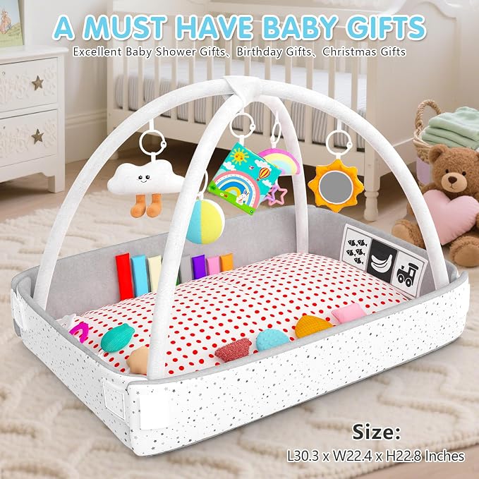 Baby Play Gym Mat Tummy Time Mat with 5 Detachable Activity Center Newborn Infant Babies Boy Girl Gifts for Babies Toys 0-3-6-12 Months Newborn Infant Babies Essentials Gift