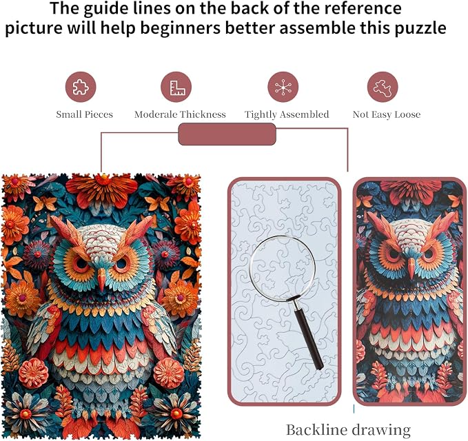 MEATRN Multicolored Owl Wooden Puzzles for Adults - 200 Pieces Natural Wood Jigsaw Puzzle, Laser-Cut Precision, Forest Wildlife Animal Theme, Relaxing Family Game & Creative Gift, 9.5x12.6in
