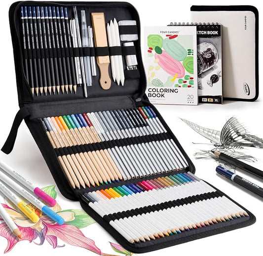 Four Candies 87 Pack Sketching Kit for Artist Gifts, Art Supplies, Drawing Set with Colored Pencils, Sketchbook, Coloring Book, Complete Drawing Tools in Zipper Case for Adult, Teens & Beginner
