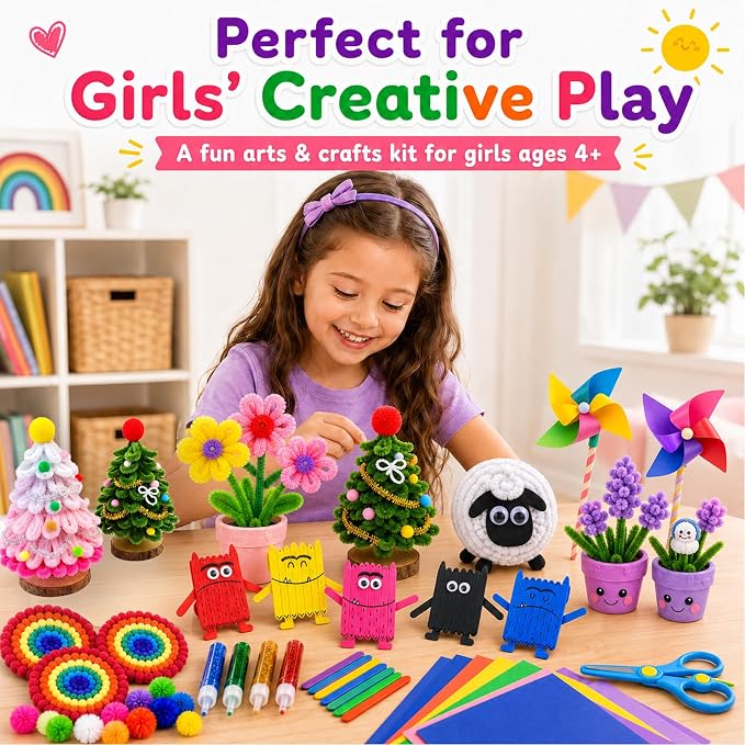FUNZBO 2000Pcs+ Arts & Crafts Supplies Kits for Kids, DIY Craft Supplies for Toddlers Art Supply Tools Set Pipe Cleaners, Pom Poms and Feather, Birthday Gifts for Kid Girls Ages 4-8-12