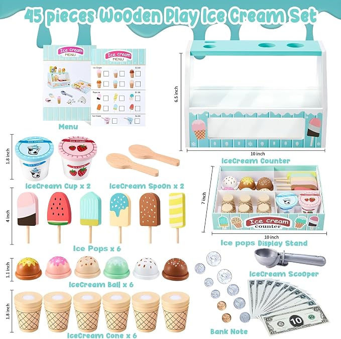 WHOHOLL Wooden Ice Cream Counter Playset for Toddler Girl Toys, Play Store Pretend Toy Food Play Kitchen Accessories with Fake Money & Coin, Christmas Birthday Gifts for 3+ Year Old Kids (Green)