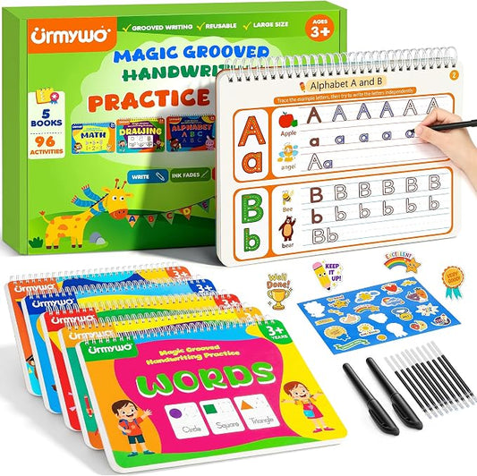 Magic Grooved Writing Practice for Kids Age 3-5, Reusable Grooved Handwriting Practice Kindergarten Workbooks for Kids Ages 3-8, Preschool Learning Activities, Tracing Books Gifts for Boys Girls