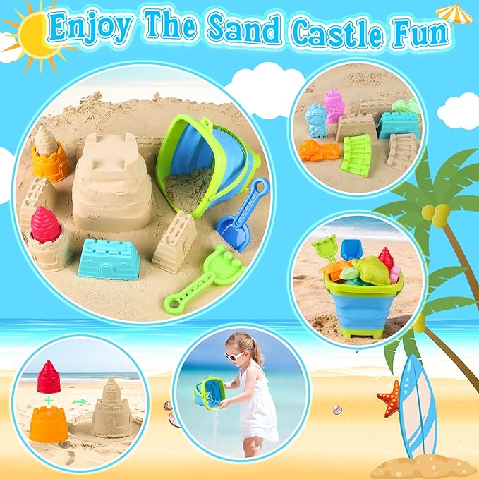 Collapsible Beach Toys for Kids Toddlers, Foldable Sand Bucket and Shovels Set with Mesh Bag & Sand Castle Building Kit, Travel Sand Toys for Beach Essentials, Sandbox Toys for Baby Kids Age 3-10