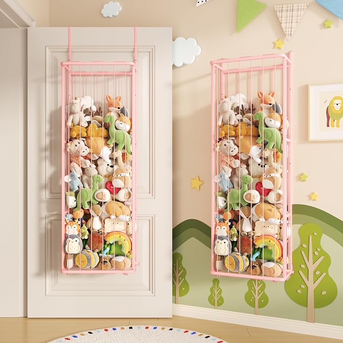 SWTYMIKI Hanging Stuffed Animal Storage, Full Pink, 3-Tier | Over Door, Wall Mounted or Corner, Large Plush Toy Organizer, For Nursery & Kid Room Bedroom
