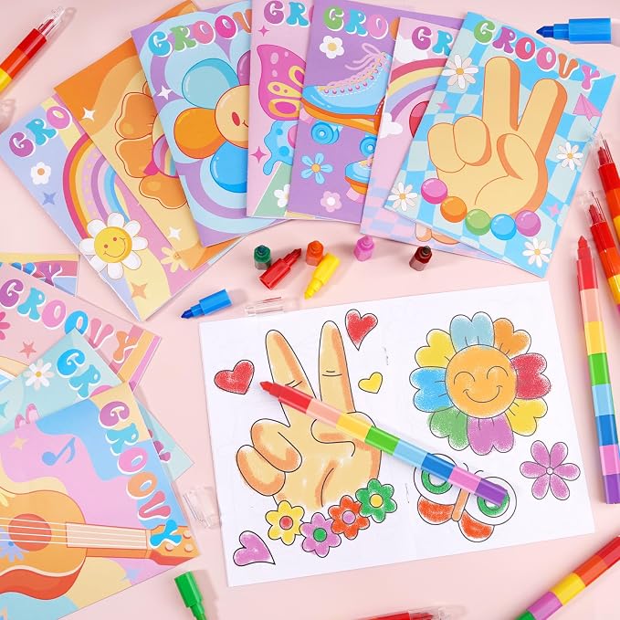 BenLouis 12 Hippie Boho Mini Coloring Books Kids with 12 Stacking Crayons Retro Daisy Party Favors Small Activity Books Bulk for Kids Two Groovy Party Gift Goodie Bag Stuffers