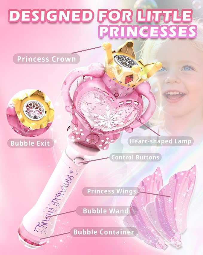 Princess Bubble Wand for Girls, Light Up Musical Fairy Toy with Detachable Wings, Music, Outdoor Birthday Gift for Kids Ages 3-8