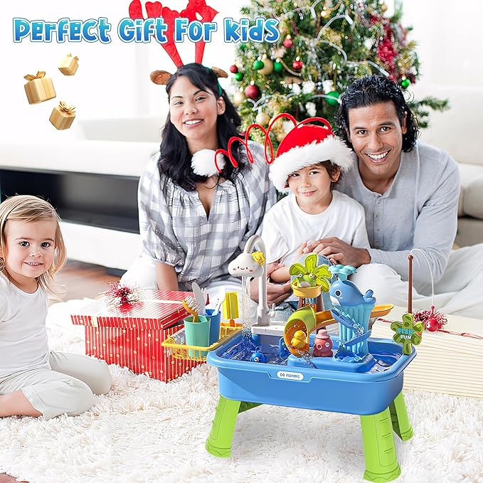 Upgraded Toddler Sand Water Table Toy with Electric Water Pump, Kids Sand Water with Faucet/Play Food Accessories/Fishing Toy, Kitchen Play Sink Toys for Girl Boy Age 3+