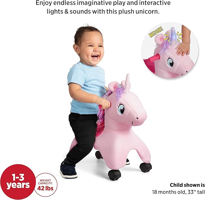Radio Flyer Shimmer the Magic Unicorn Ride On, Ages 1-3, Interactive Lights & Sounds, Horn Lights Up While Riding, EZ-Glide 360-degree Wheels, Easy Grip Handles, Soft Plush Face, Toddler Ride On Toys