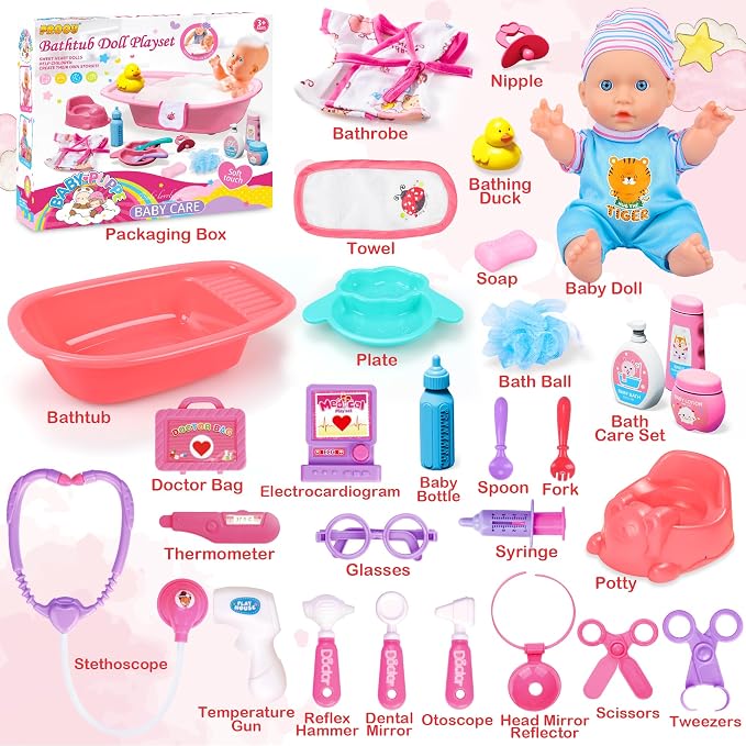 PROOU Baby Doll Care Toys, 30PCS Baby Dolls Bath Set & Doctor Kit, Pretend Play Baby Doll Set, Incl Bathtub, Bathrobe, ECG, Thermometer, Toddlers Toys Gifts for Age 3 4 5 6 Year Old Girls