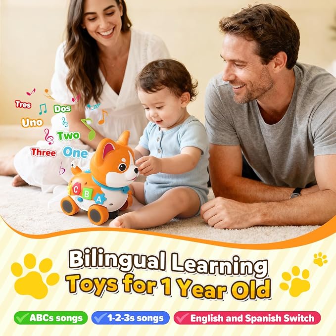 Baby Toys for 6-12-18 Month, 3-in-1 Musical Puppy Toy, Crawling & Walking Toys for 1 Year Old Boy Girl Gifts, Birthday Gift, Bilingual Learning Educational Puppy for 7 8 9 10 Months