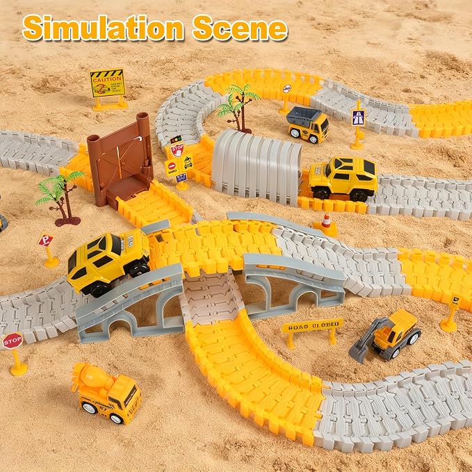 BEMITON Construction Race Track Toys for Kids - Birthday Gift for 3 4 5 6 7 Year Old Boys, 330+ PCS Track Playset with Electric Cars and Construction Trucks, DIY Engineering Road Building Sets