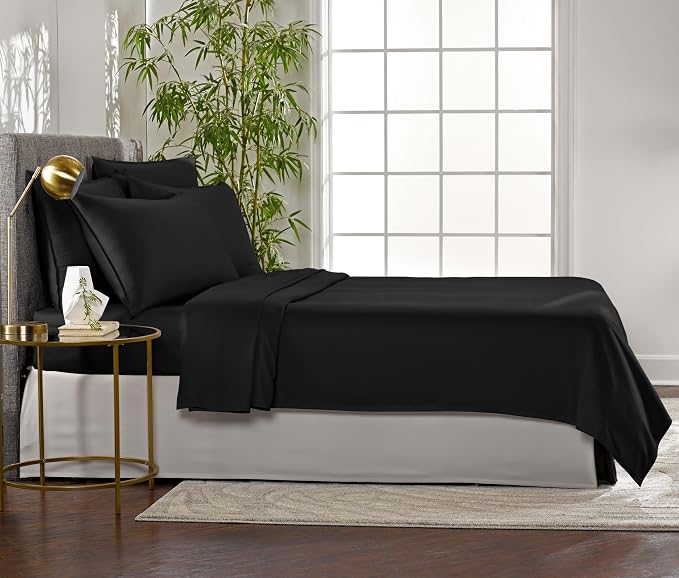 Pure Bamboo Queen Sheets, Genuine 100% Organic Viscose Derived from Bamboo Bed Sheet Set, Luxuriously Soft & Cooling, Double Stitching, 2 Year Quality Promise (Queen, Black)