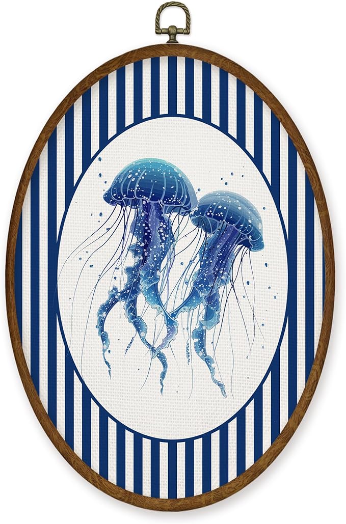WULQYING Coastal Beach Jellyfish Wall Art Decor, Ocean Nursery Oval Framed Canvas Art Prints, Blue Striped Ocean Beach Jellyfish Wall Hanging Decor for Home Bedroom Kids Nursery Room, 8.6x11.4 Inches