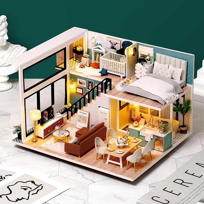 TuKIIE DIY Miniature Dollhouse Kit with Furniture, 1:24 Scale Creative Room Mini Wooden Doll House Accessories Plus Dust Proof & Music Movement for Kids Teens Adults(Comfortable Life)
