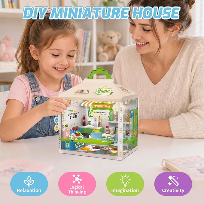 MINDNOOK DIY Miniature House Kit, LED Light-Up Dollhouse, Mini Dollhouse Building Set with Furniture, Craft Hobby Gift for Adults, Teens & Kids Ages 6+ (Convenience Store)