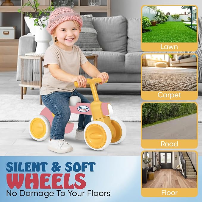 Henry & Colin First Balance Bike for 1 Year Old, 4 Wheel Toddler Bike with Fun Lights & Music, Soft Seat, No-Pedal Ride On Toy, 1st Birthday Gift for Boys & Girls Ages (12–36 Months) Classic Pink