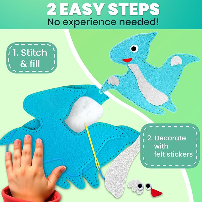 QUOKKA Kids Crafts Ages 7-9, DIY Beginner Needle and Thread Kit - 12 Wild Dino Sewing Kit Basic - Fun Arts Crafts for Kids Ages 7-9 Girls Boys - Plastic Needles, Scissors - 7+ Year Old Girl Gifts