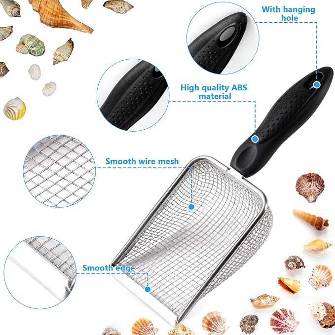 fethwoin 2Pcs Shark Tooth Sifter with 2Pcs Mesh Shell Bags, Beach Sand Sifter, Sea Shell Scooper for Beach, Sand Beach Toys for Kids, Medium, Blue