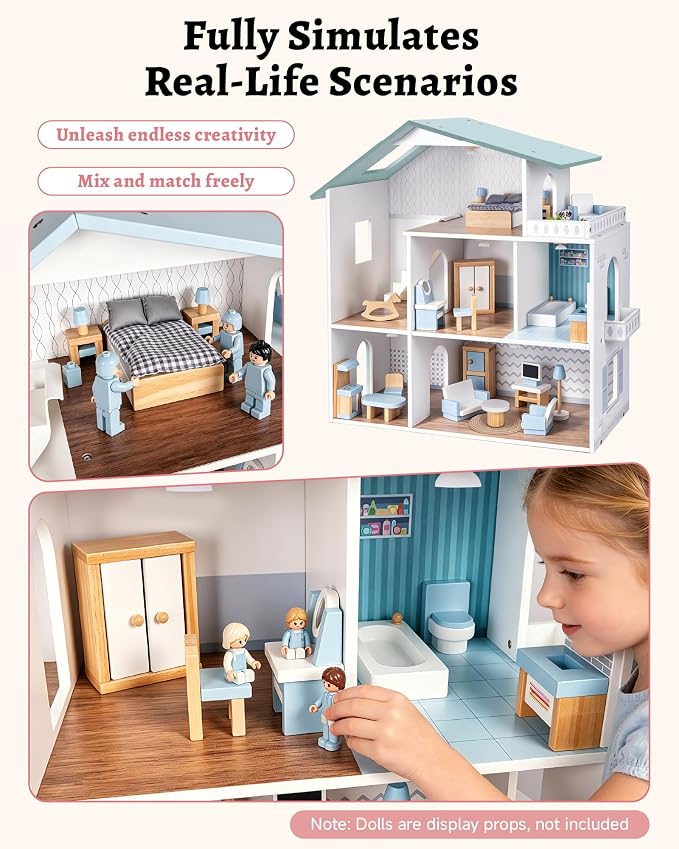 Pterying Wooden Dollhouse for Kids - Doll House with 6 Rooms & 29 Mini Furniture Pieces, Miniature House Kit, Easy Assembly, Pretend Play Toy for Boys & Girls Ages 3+, Fits 4-6 Inch Dolls