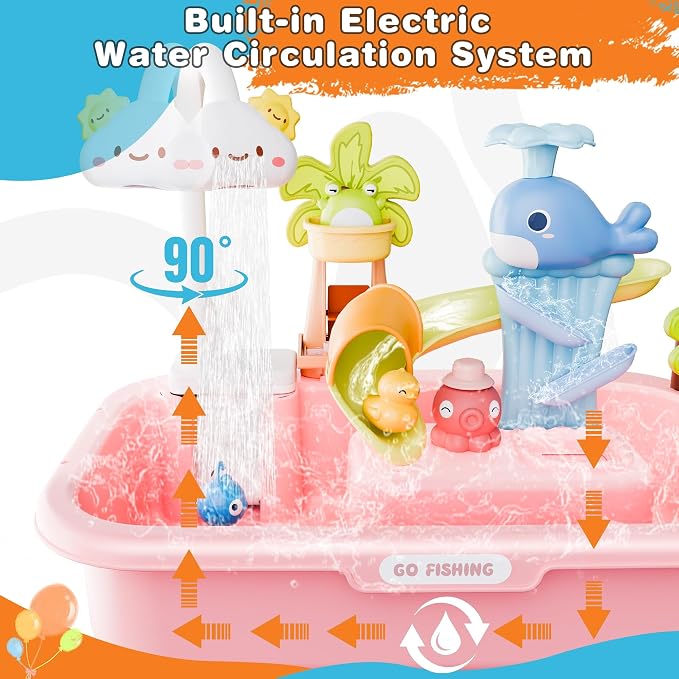 2026 Upgraded Water Table for Toddlers 1-3, Kids Play Sink with Running Water, Toddler Kitchen Sink Toy with Pump, Fishing Game & Sensory Water Play Toys for Boys Girls (Pink)