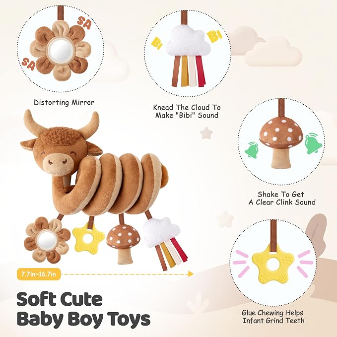 Stuffed Highland Cow Spiral Car Seat Toys for Babies 0-3-6-12 Months, Infant Stroller Toy with Mushroom Pendant & Star Teether Hanging, Cute Baby Registry Search & Shower Gifts for Newborns