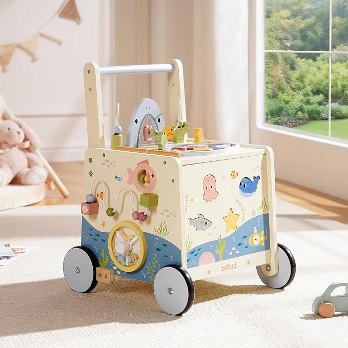 ROBUD Wooden Baby Push Walker, Marine Theme Learning Walking Toys, Adjustable Height Baby Walker with Decelerator, Montessori Toys for Baby Age 10 Months+, WRP23
