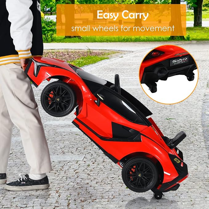 OLAKIDS Kids 12V Licensed Lamborghini SIAN Ride On Car, Electric Vehicle for Toddler with Control Remote, Battery Powered Toy with Music, Horn, 2 Speeds, Suspension, LED Lights, Bluetooth, USB (Red)