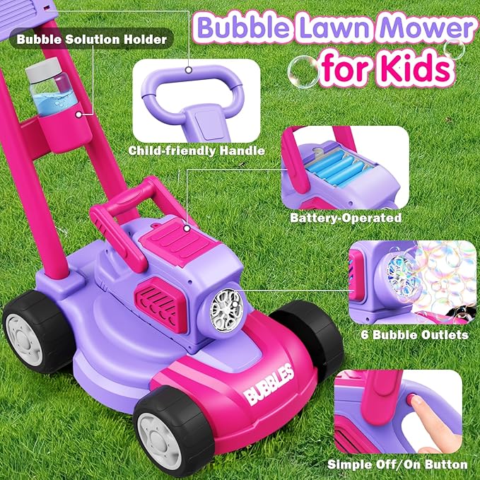 Bubble Lawn Mower for Kids Ages 3-8, 3-in-1 Bubble Machine with 10 Bubble Solution Refills, Outdoor Push Toy for Toddlers Boys Girls, Easter Summer Birthday Gift for 3+ Year Old