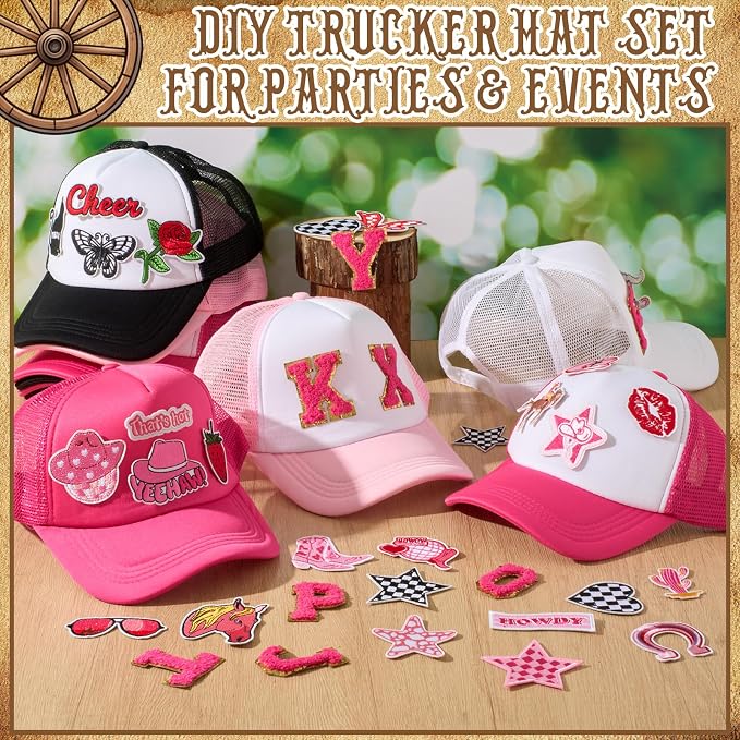 Hercicy DIY Trucker Hats Kit, 12 Pack Sublimation Blank Baseball Caps with Embroidered Patches DIY Craft for Party(Western Cowgirl,Pink Aesthetic Mix)