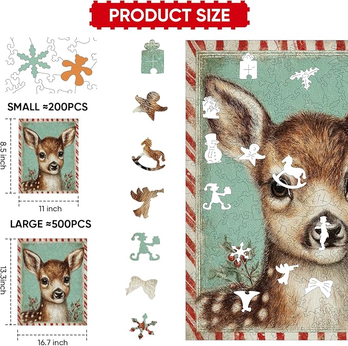 MEATRN Puzzles for Adults & Kids - Christmas Fawn Holiday Wooden Jigsaw Puzzle with Storage Box, 200 Pcs, 8.5"×11", Best Gift for Friends, Festive Family Game Night & Home Decor