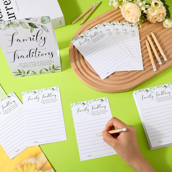 Fumete 61 Pieces Family Tradition Baby Shower Games Include 1 Family Traditions Standing Sign and 50 Activities Cards with 10 Pencils for Gender Reveal Bridal Shower Wedding(Green,Greenery)