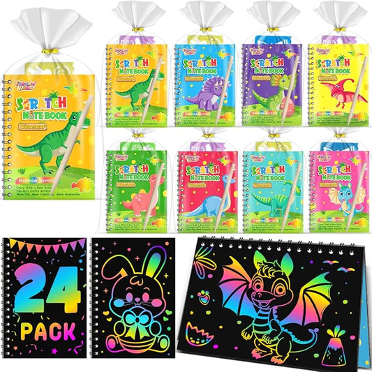 Scratch Art Party Favors for Kids 8-12: 24 Pack Dinosaur Rainbow Scratch Art Notebook, Easter Basket Stuffers, Coloring Books Goodie Bags Stuffers, Classroom Birthday Gifts for Student